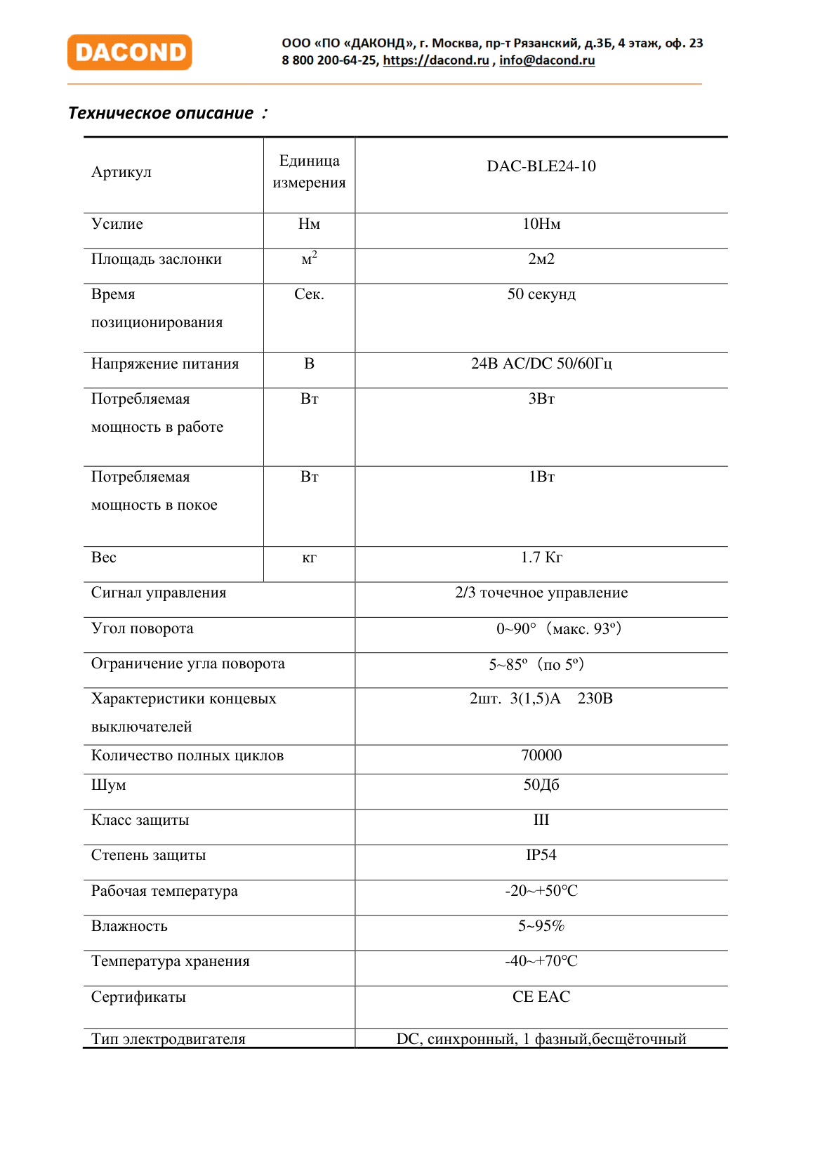 Привод клапана дымоудаления DAC-BLE24-10