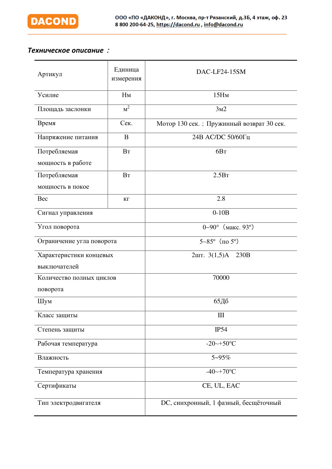 Привод воздушной заслонки DAC-LF24-15SM