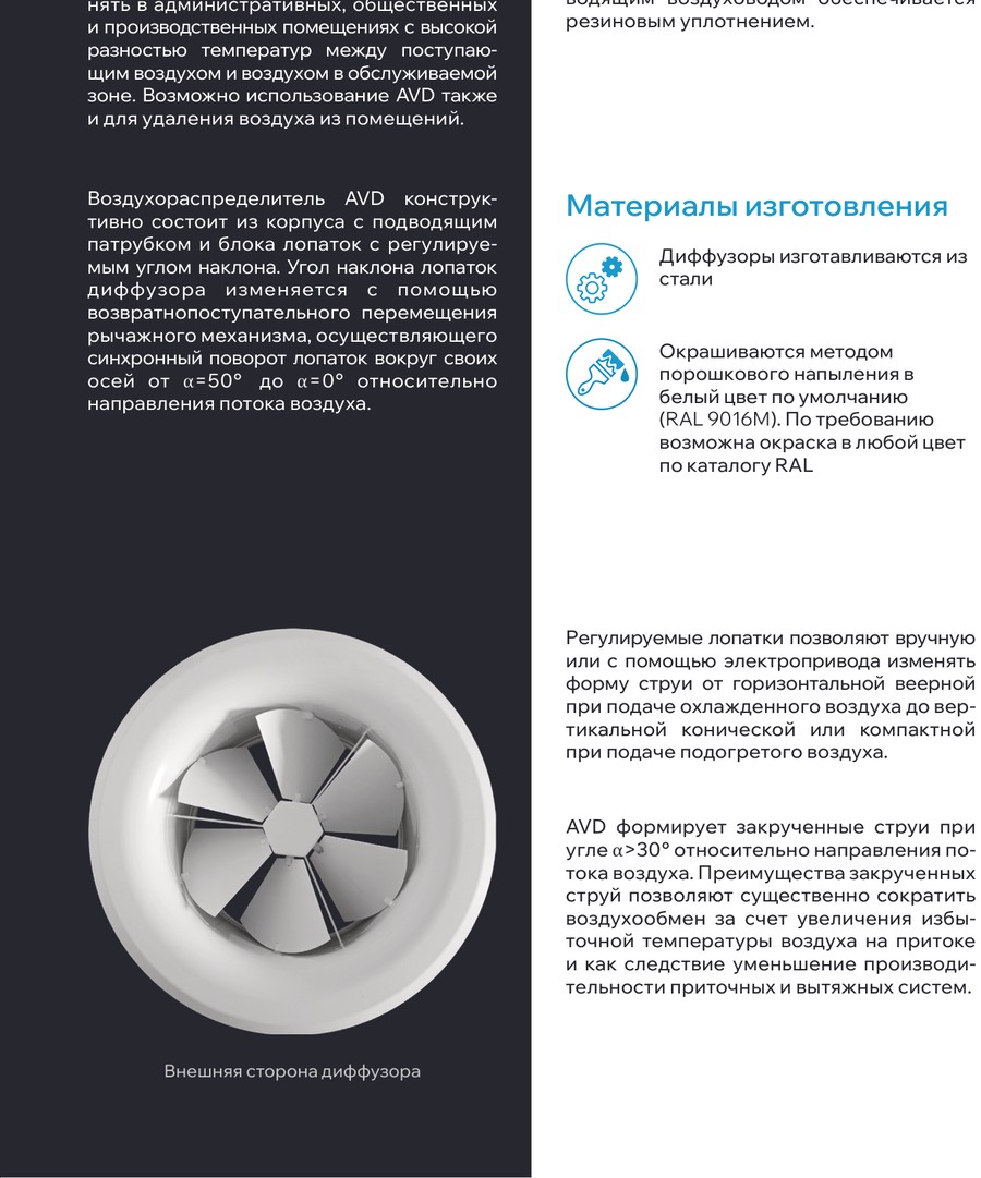 Материалы и исполнения — Вихревой регулируемый диффузор AVD
