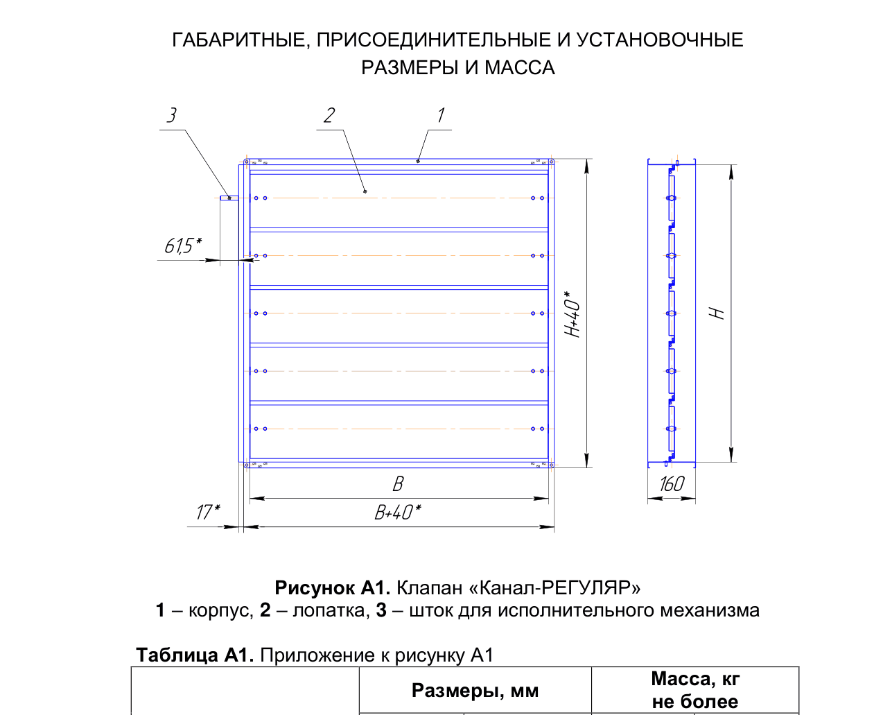Габаритный чертёж — Унифицированный канальный воздушный клапан КАНАЛ-РЕГУЛЯР