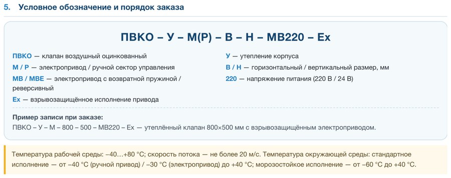 Схема условного обозначения и пример заказа