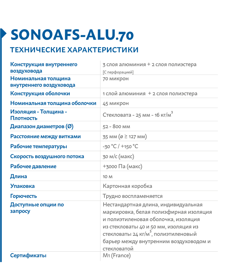 Технические характеристики серии (каталог AFS) — Воздуховод гибкий изолированный AFS SONOAFS-ALU.70 with barrier (127/10м)